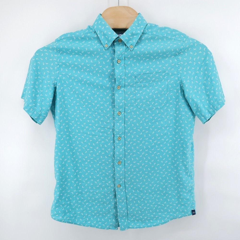 Southern Tide Linen Blend Short Sleeve Button Down Fish Paisley Teal Mens Medium - Picture 2 of 9